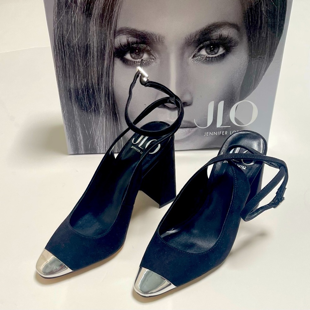 JLO black heeled shoe size 6 with silver toe cap.